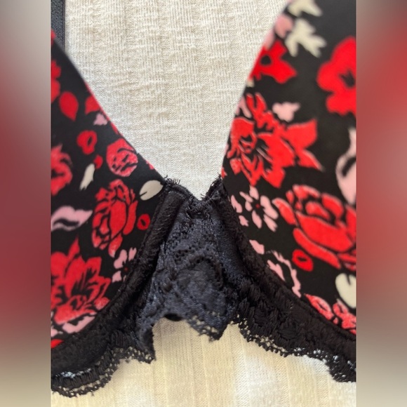 Victoria Secret PINK Bra 36C Black Red Floral Lace Pushup Lined Underwire - Picture 2 of 6
